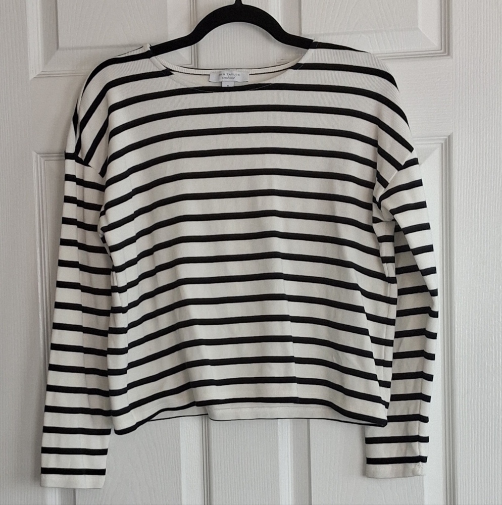 Ann Taylor Ivory Black Stripe Boatneck 100% Cotton Long Sleeve Sweater